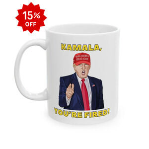 Trump "KAMALA, YOU'RE FIRED!" Cartoon Art I - Ceramic Mug (White, 11oz)